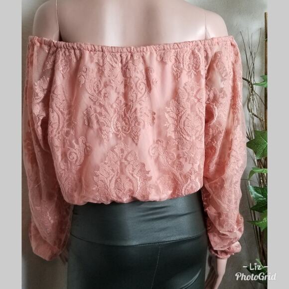Honey Punch Rose Pink Lace Long Sleeve Crop Top - Picture 4 of 6